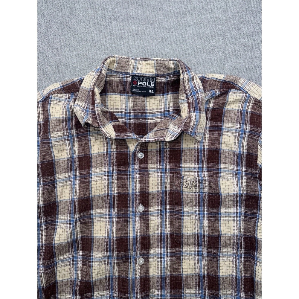 Vtg SouthPole Shirt Mens XL Brown Plaid Flannel Button Down 90s Y2K Hip Hop